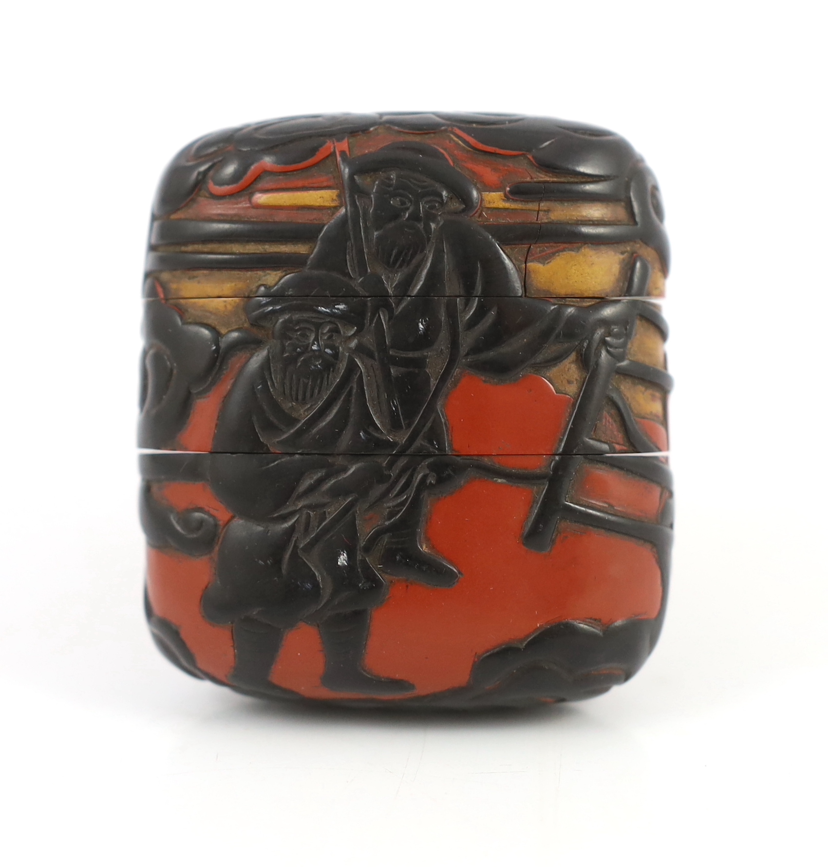 A Japanese three colour lacquer two case inro, 6.5cm high